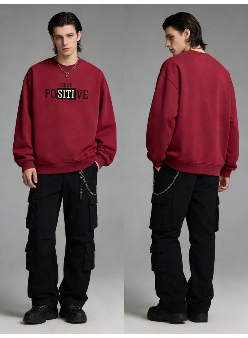 BM INS Burgundy "THINK POSITIVE" Block Letter Oversized Crew Neck Sweatshirt | Unisex Pullover With "DO YOUR BEST" Slogan - Image 5